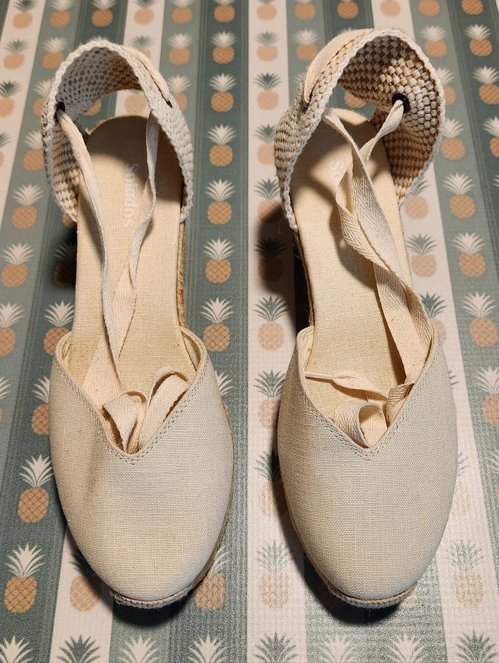 Soludos Lyon Linen Cream Espadrille Wedge Ankle-Tie Sandal